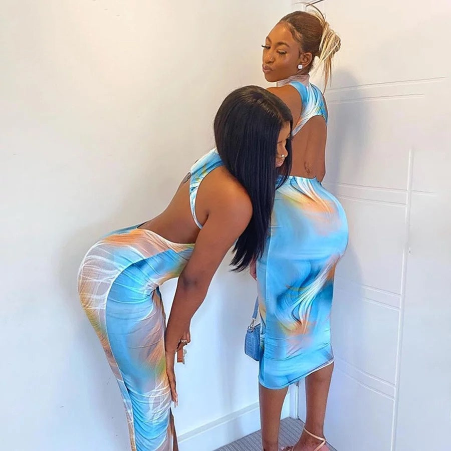 Sexy Backless Printing Turtleneck Dress