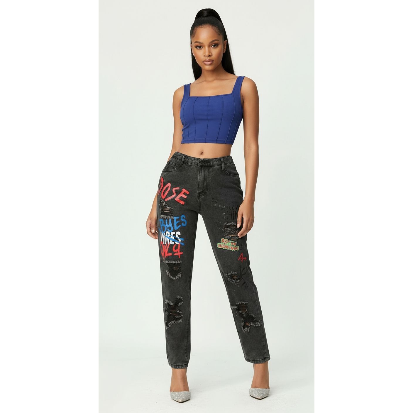 Print Distressed High Waisted Jeans