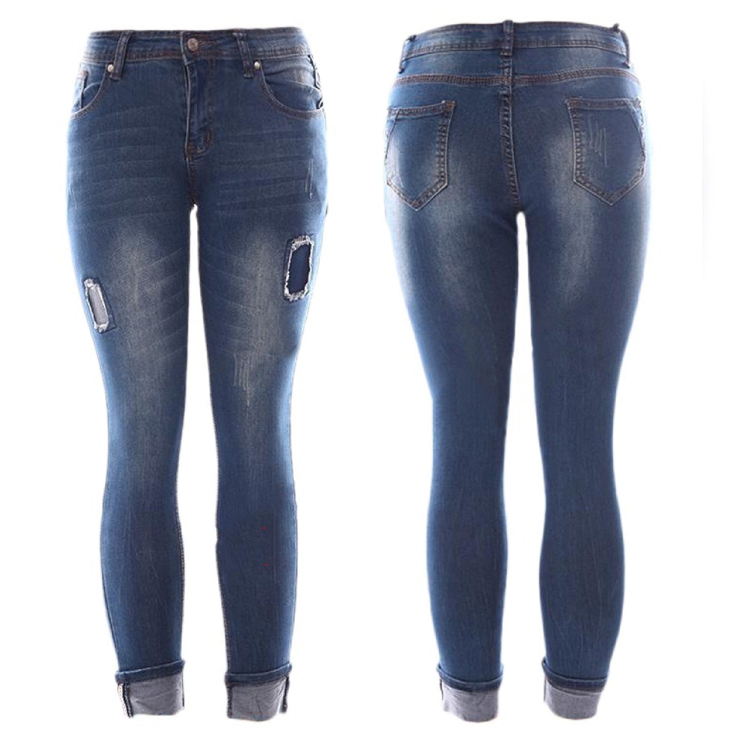 Plus-sized high waisted skinny jeans with visible distressed details and pockets.