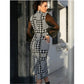 Houndstooth Print Mesh Sleeve Dress