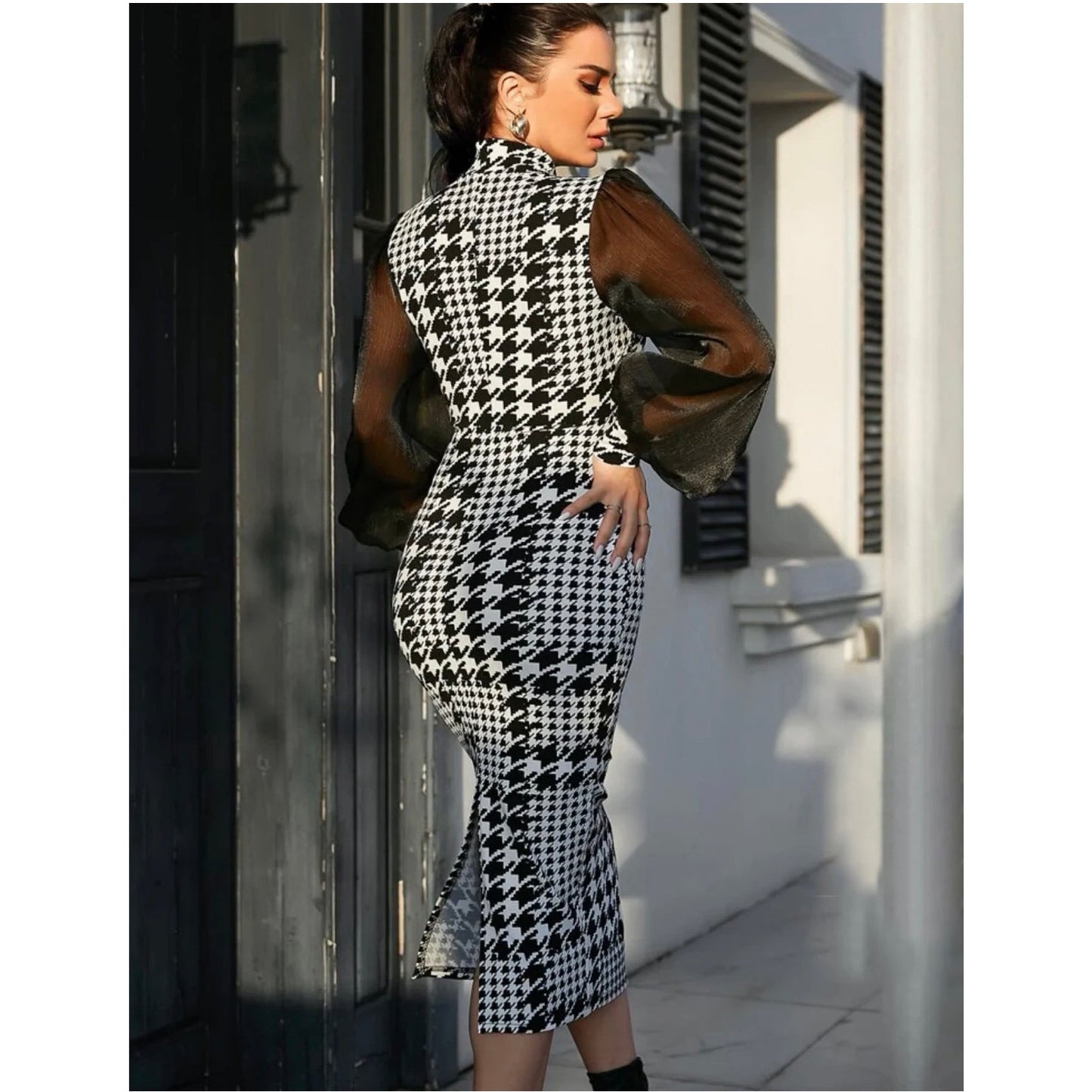 Houndstooth Print Mesh Sleeve Dress