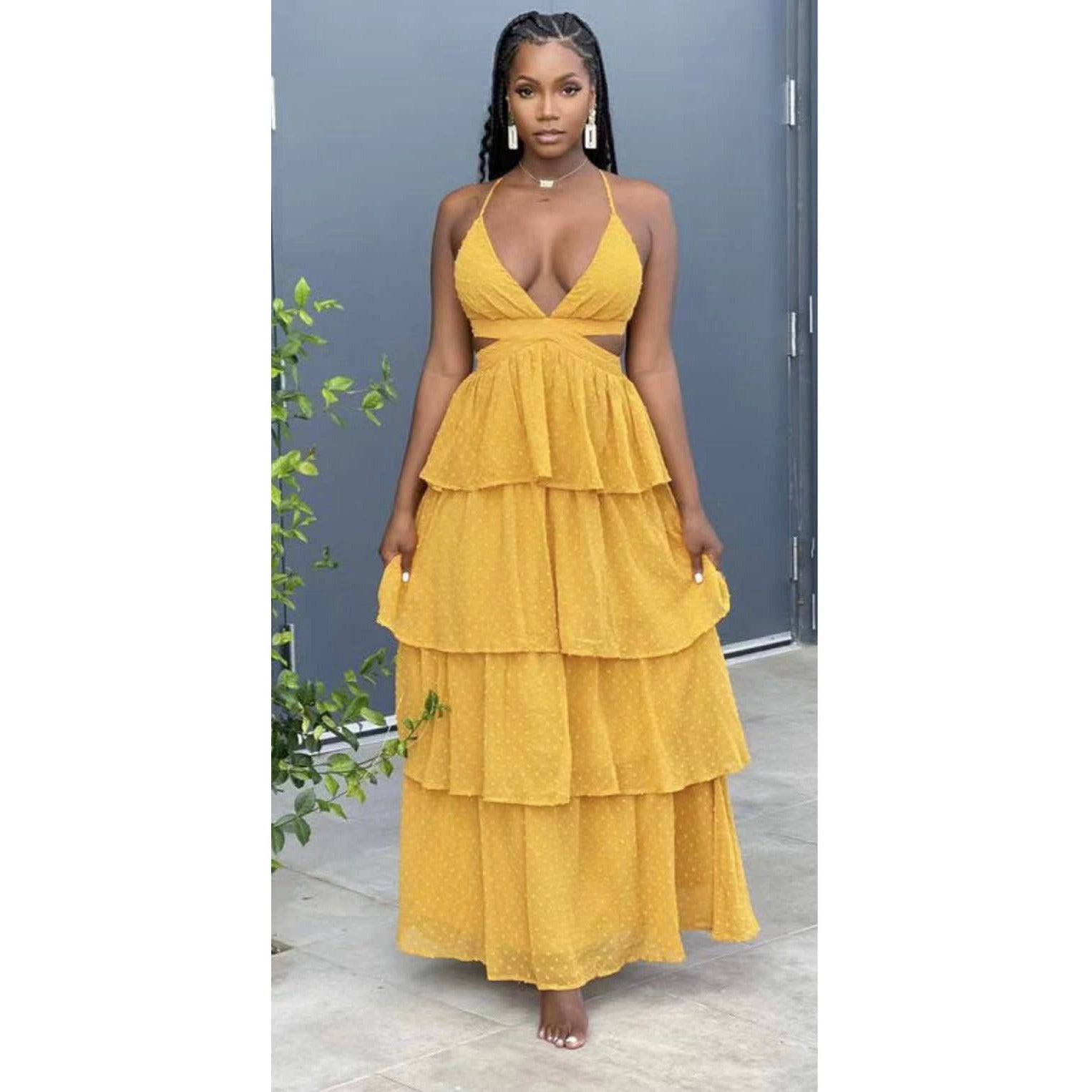 V Neck Open Back Colorful Print Maxi Dress main image 0