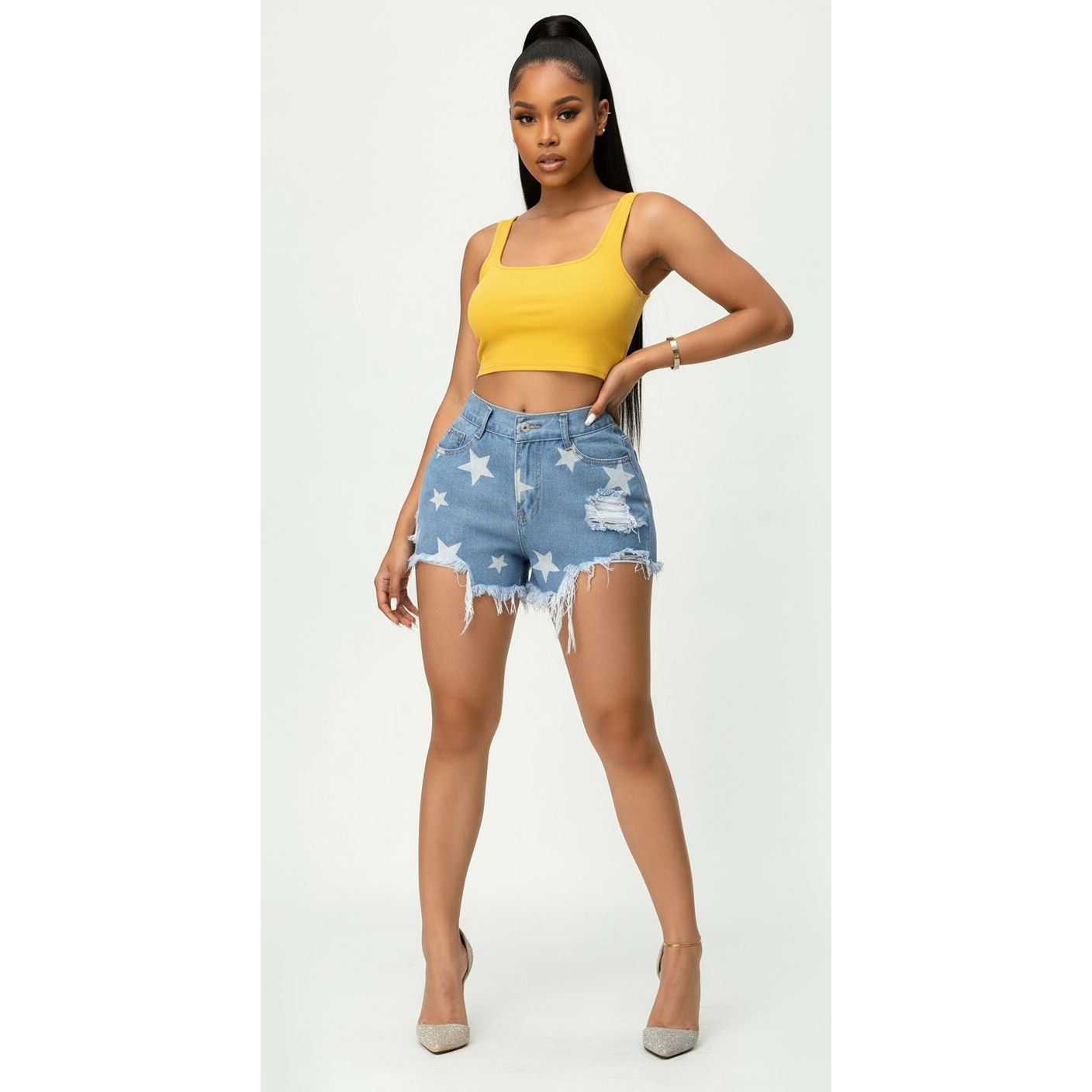 Start Print Distressed Denim Mini Short