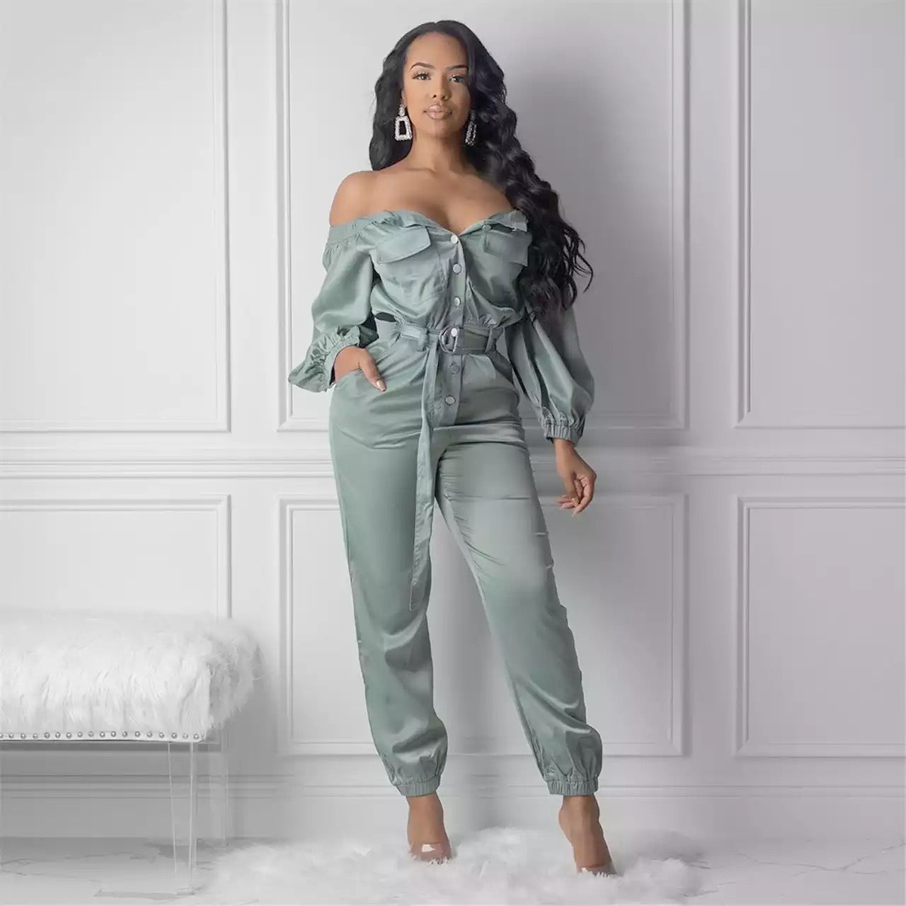 Pockets Off The Shoulder Single-breasted Overalls