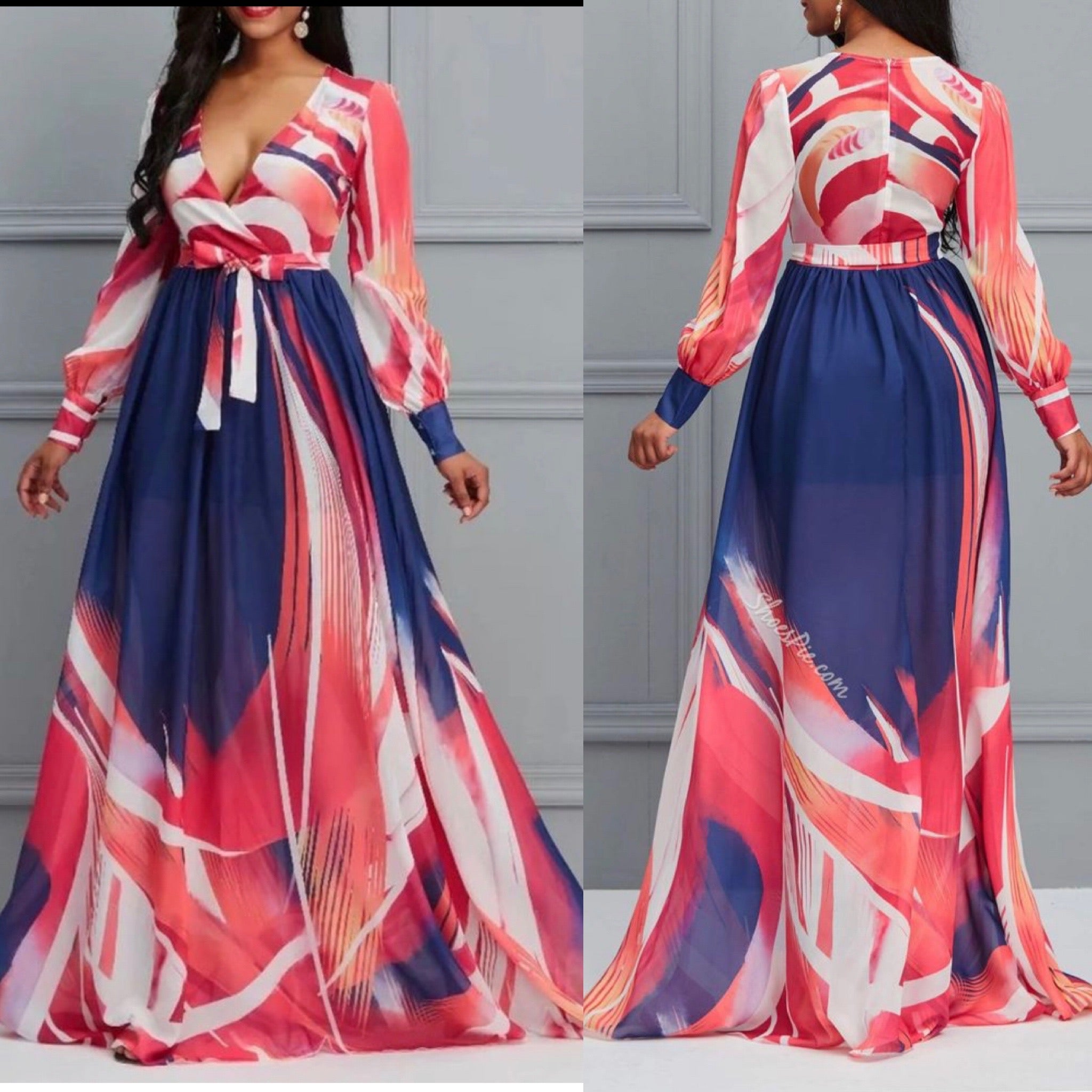 Deep V-Neck Chiffon Maxi Dress
