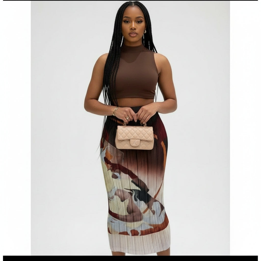 Pleated Print Bodycon Skirt