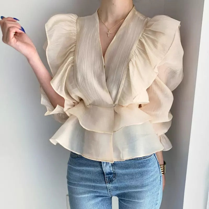 V-Neck Flare Sleeve Blouse