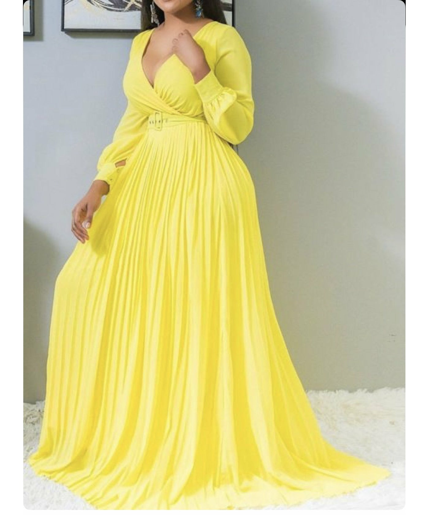 Yellow Deep V-Neck Dress Elegant High-Waisted Gown