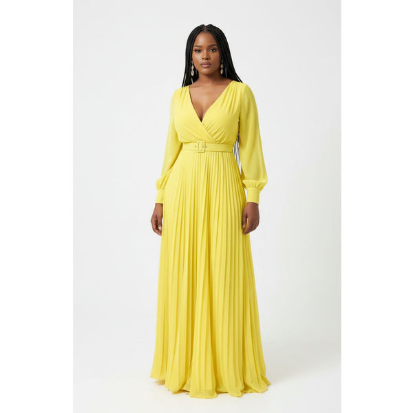 Deep V-Neck Long Sleeve Pleated Maxi Dress – YELLOW SUB TRADING