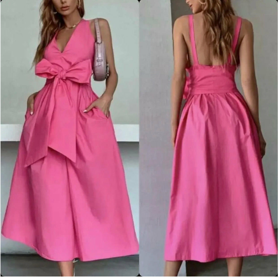 Sexy V Neck Sleeveless Big Bow Open Back Dress