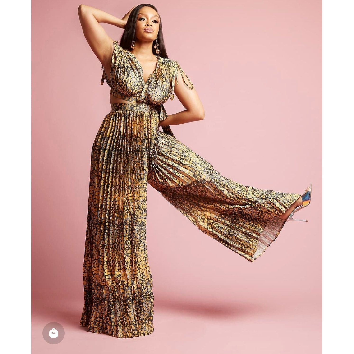 Pleated Palazzo High Waisted Pant & Crop Top Set