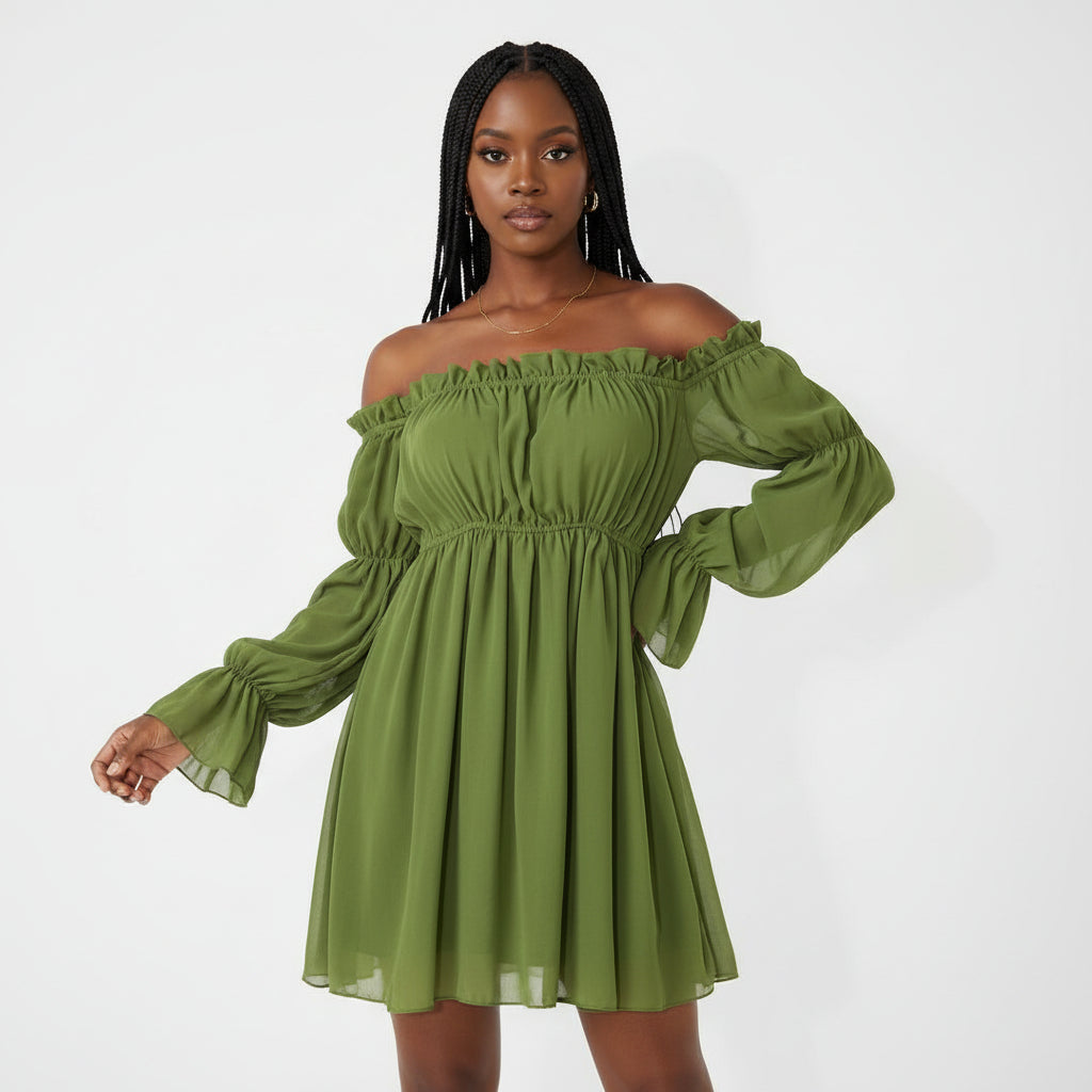 Off Shoulder Chiffon Midi Dress