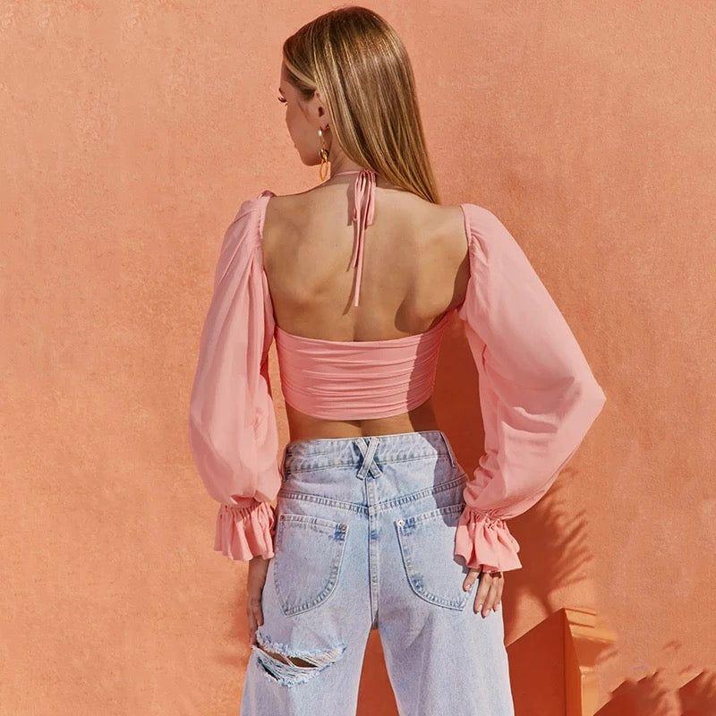 Long Puff Sleeve Sexy Halter Backless Crop Top