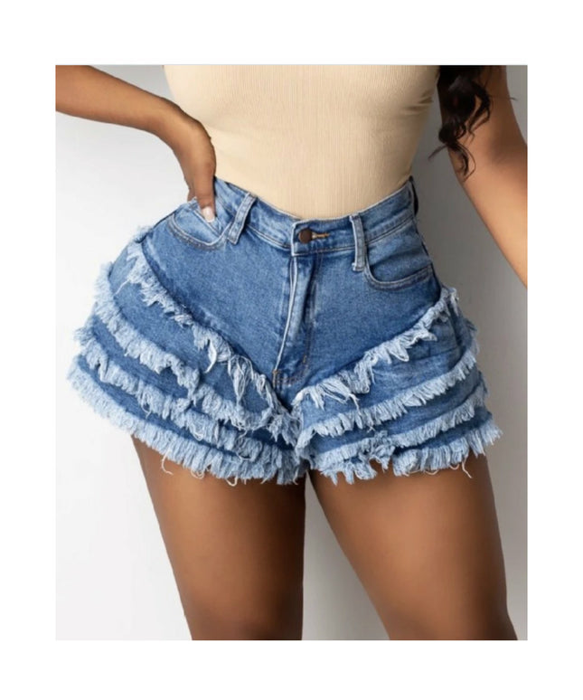 Patchwork Tassel High Waist Denim Shorts