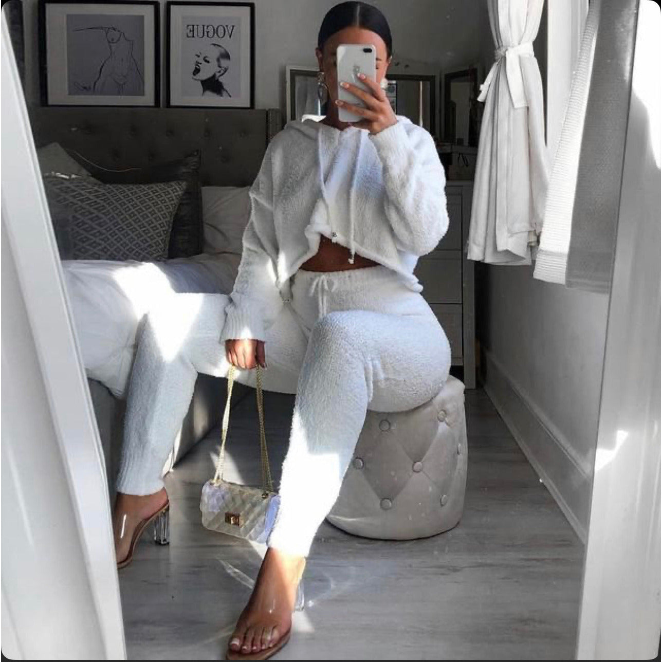 Fluffy Hooded Top & Trousers Twin Set