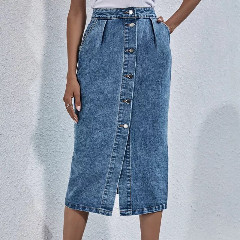 Single Breasted Knee Length Denim Skirt