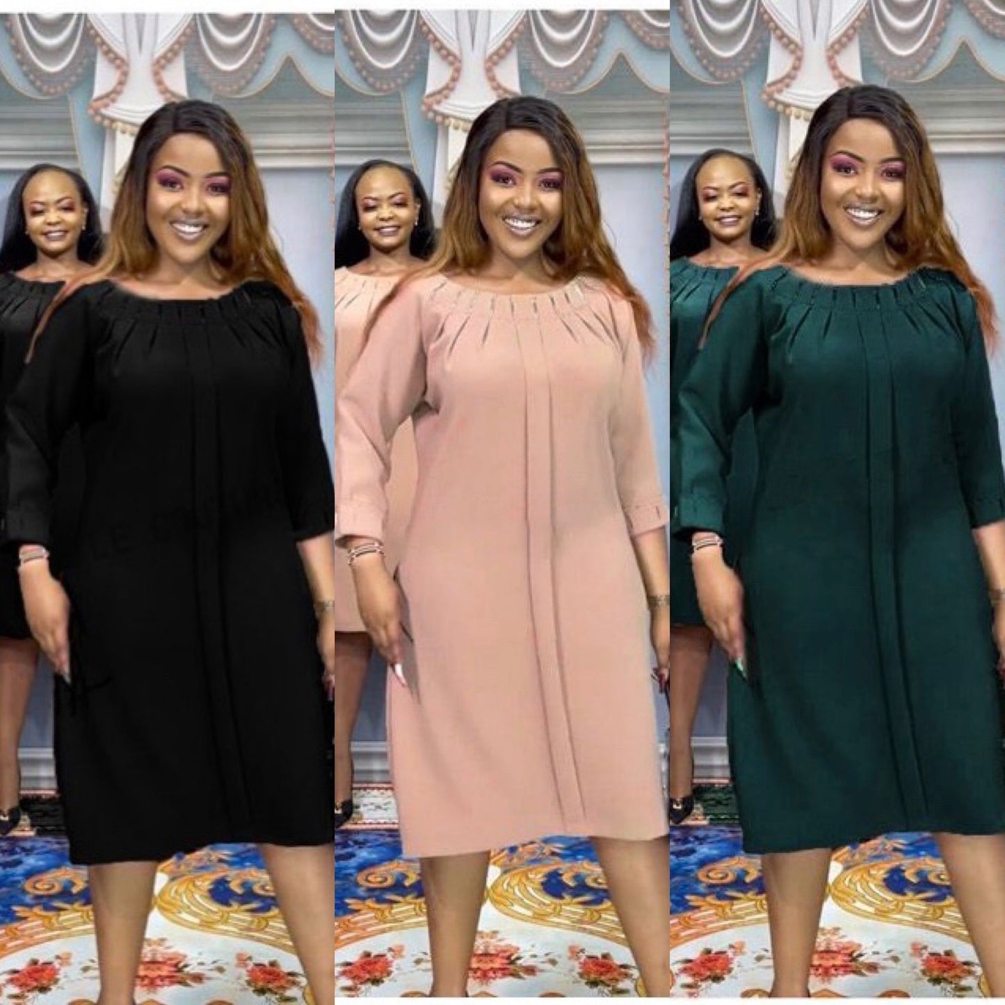 Open Round Neck Long Sleeve Midi Dress