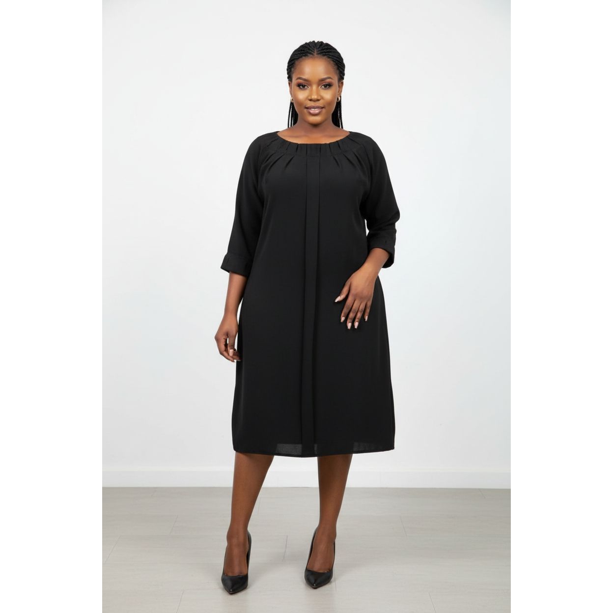 Open Round Neck Long Sleeve Midi Dress