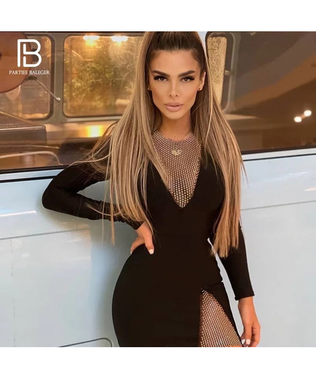 V-Neck Long Sleeve Hollow Out Sexy Mini Dress