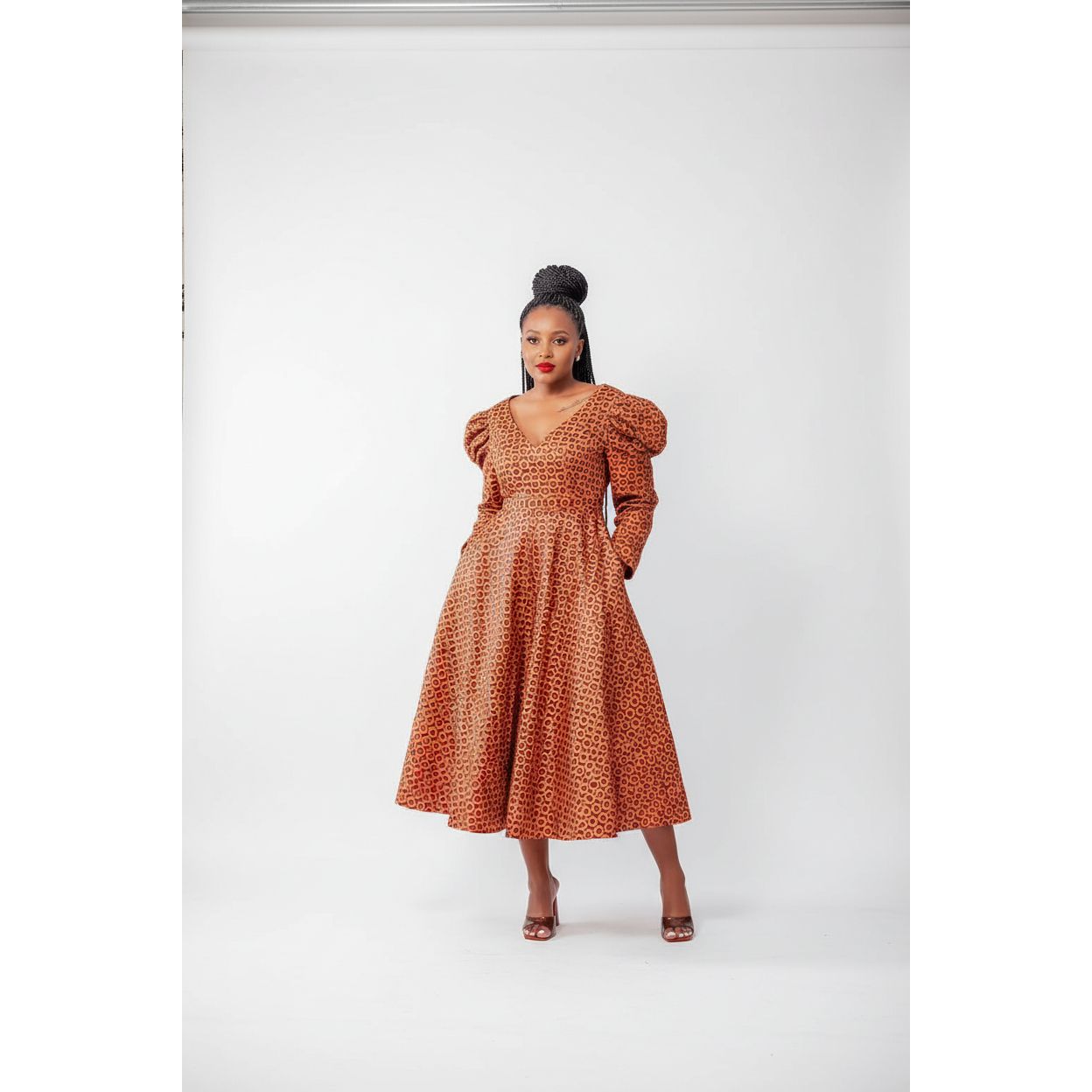V-Neck Long Sleeve Ankara Dress