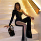 Rhinestone One Shoulder Flare Leg Skinny Jumpsuit