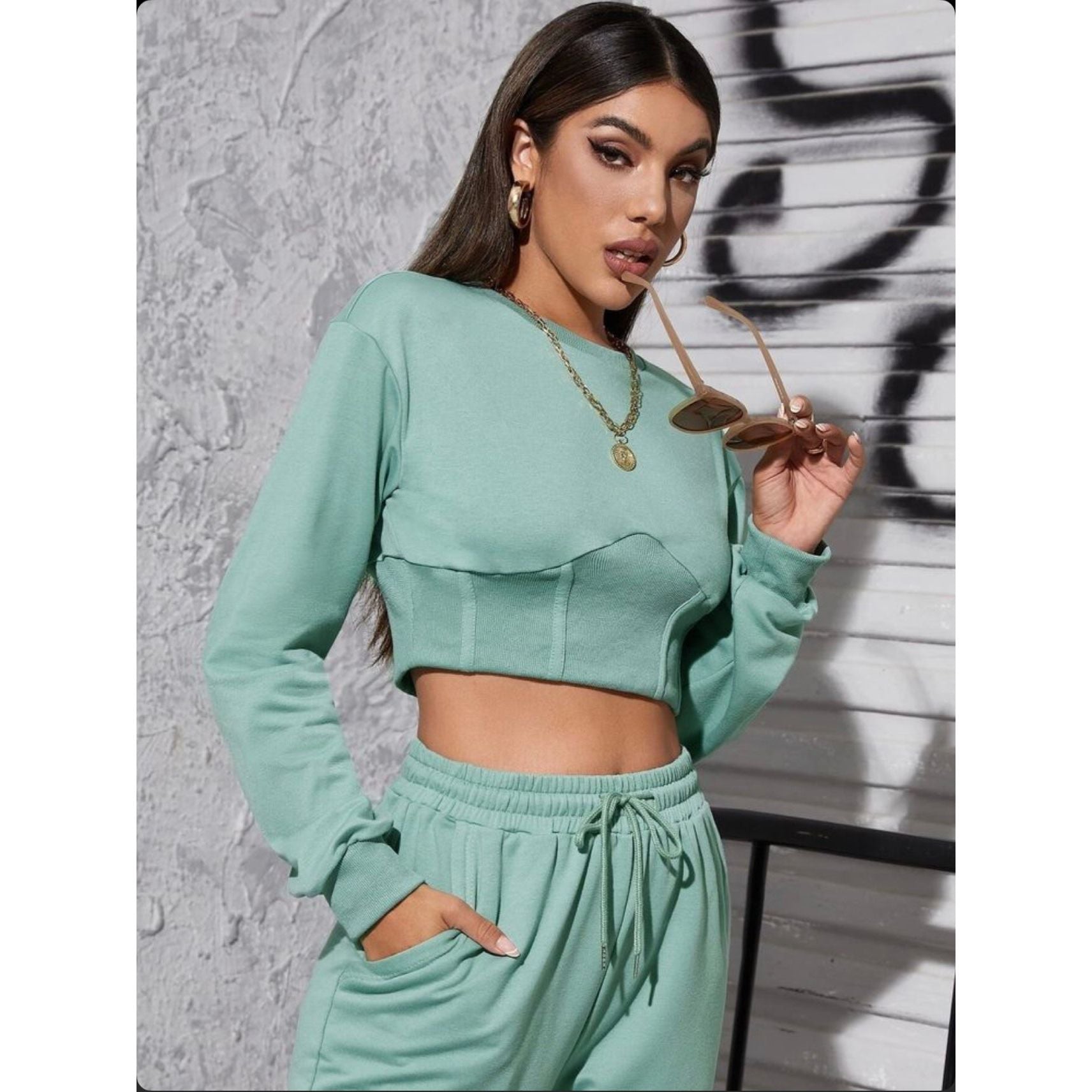Round Neck Crop Top & High Waisted Pants Two Piece Set