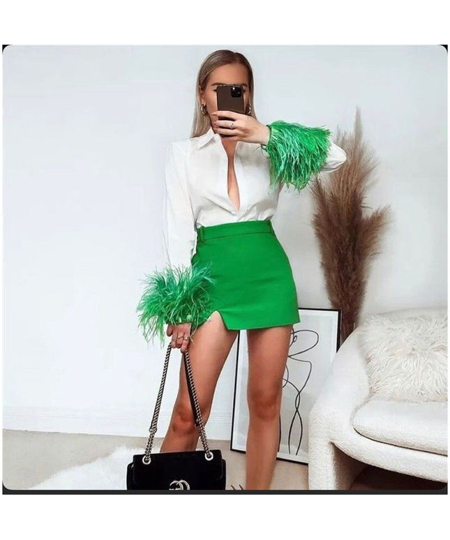 Feathers on the Cuffs Shirt and Mini Skirt Set