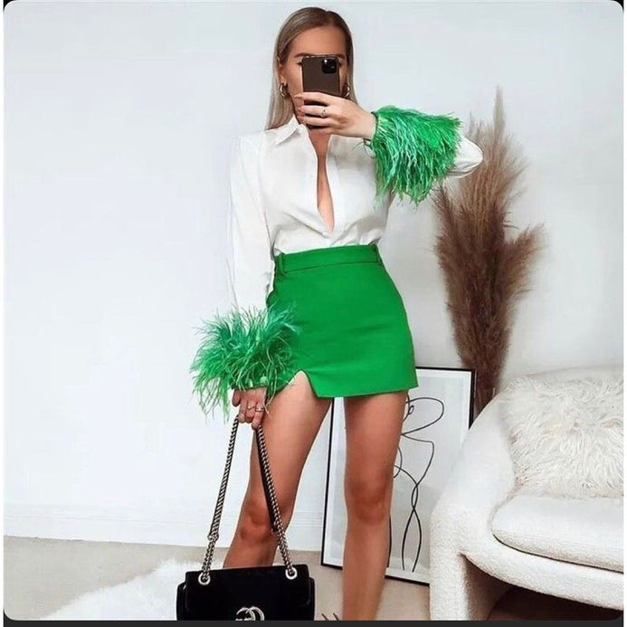 Feathers on the Cuffs Shirt and Mini Skirt Set