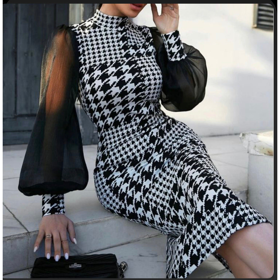 Houndstooth Print Mesh Sleeve Dress