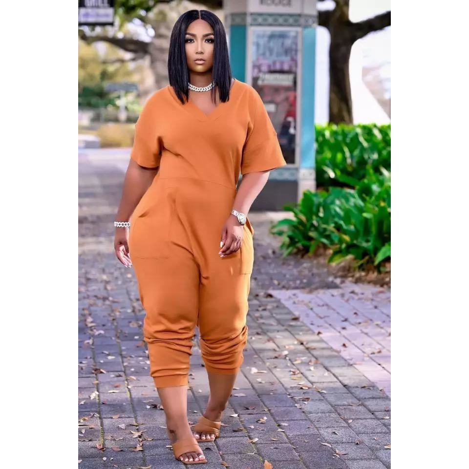 Solid V-neck Chocomist Jumpusits