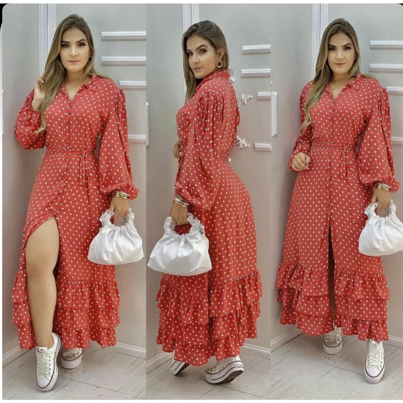 Long Sleeve Polka Dotted Shirt Dress