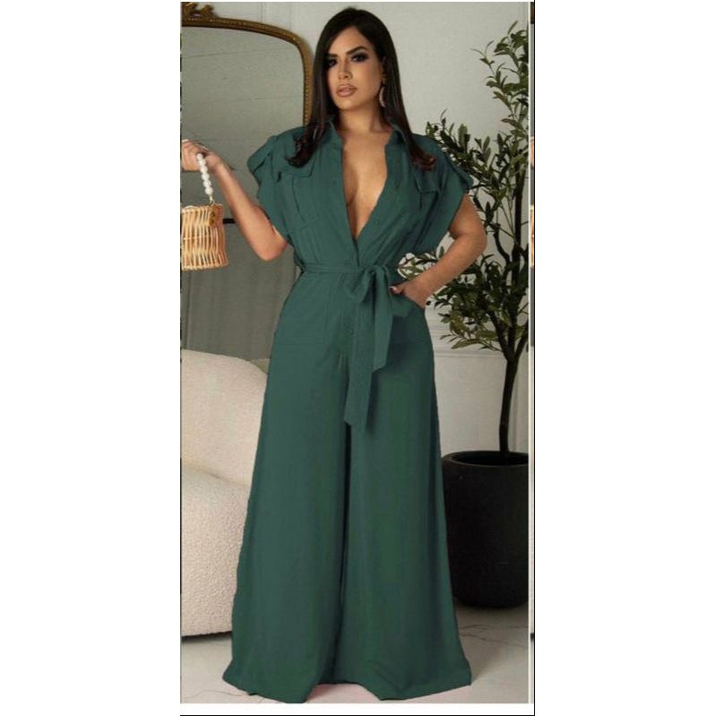 V-Neck Wide-leg Short Sleeve Overall Jumpsuit
