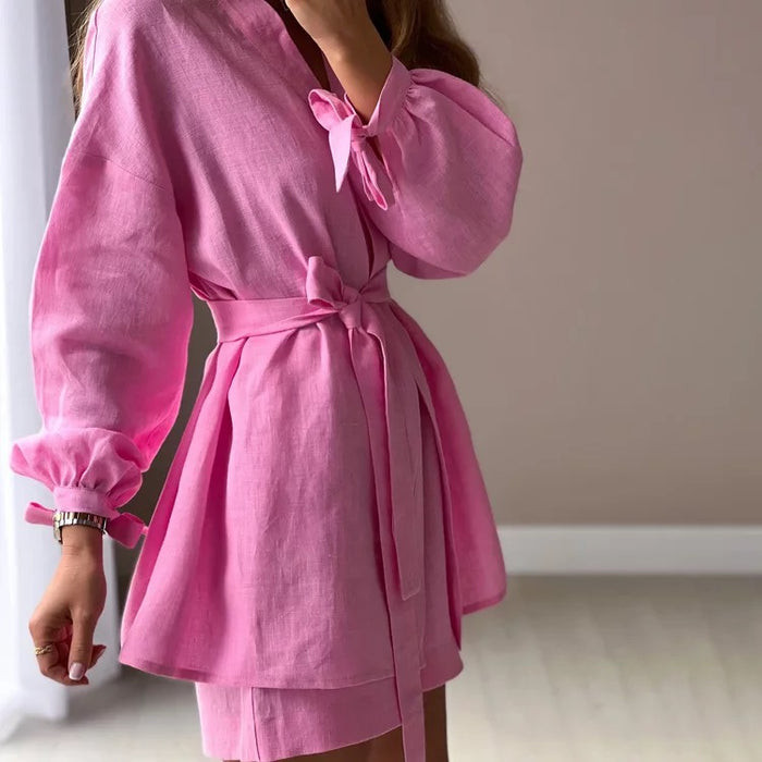 Loose High Waist Shorts Lace-Up Robes Tops Set