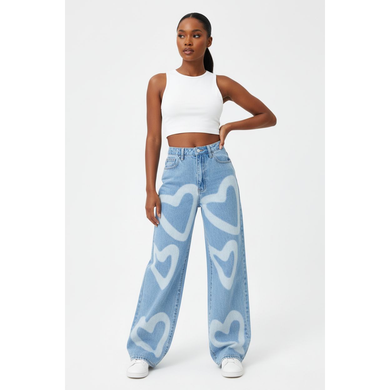 High Waisted Heart Print Wide Leg Jeans