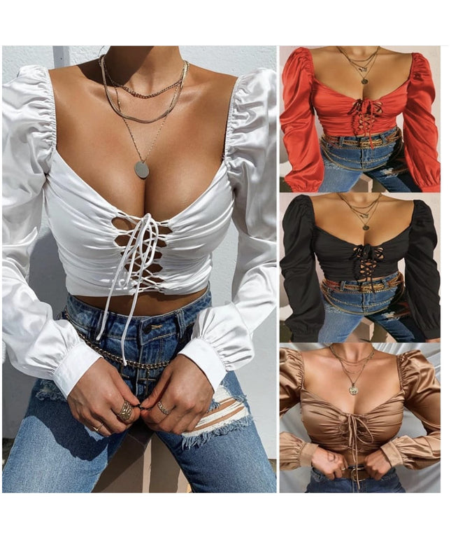 Vintage Hollow Lace-up Front Puff Sleeve Blouse