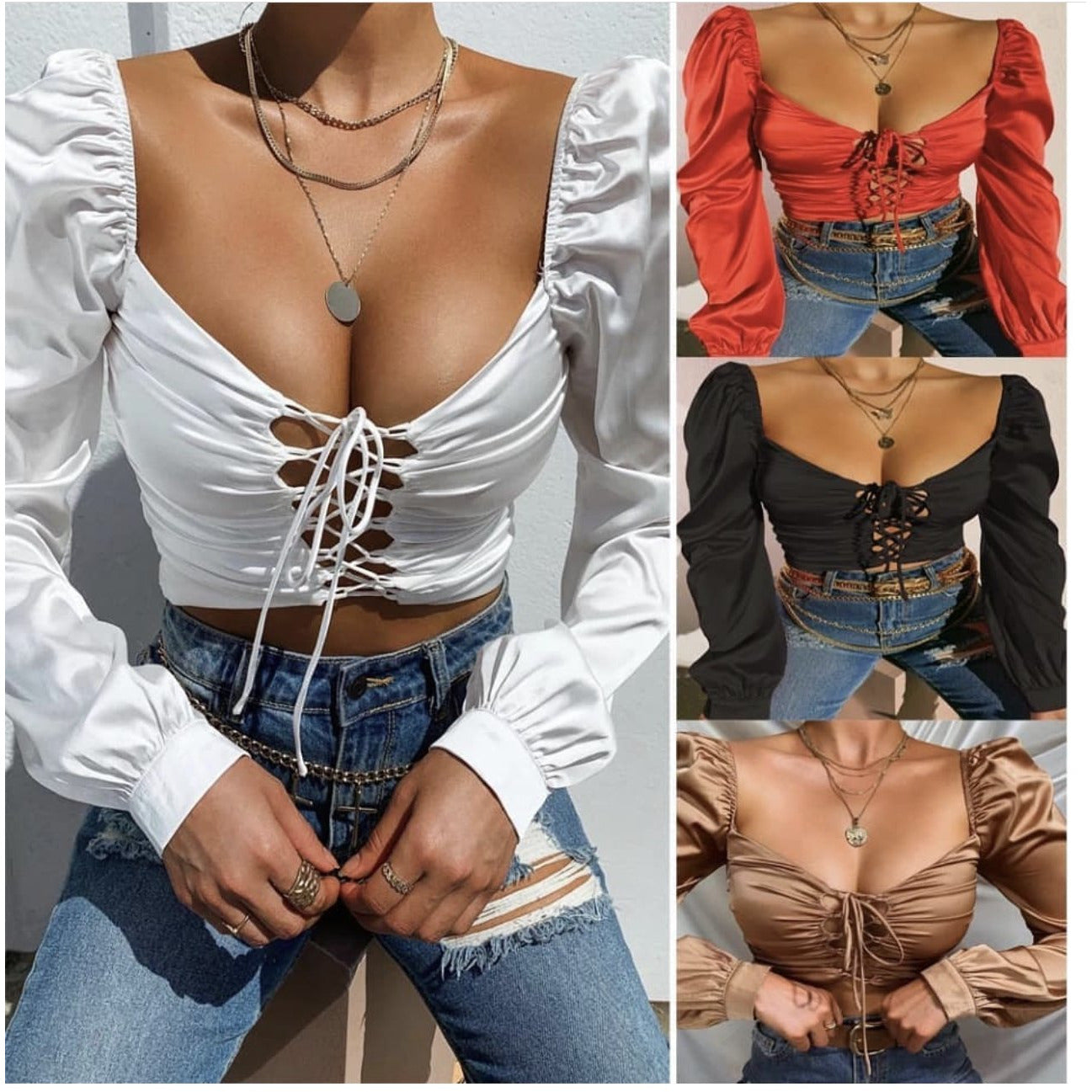 Vintage Hollow Lace-up Front Puff Sleeve Blouse