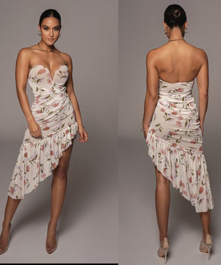 Floral Printed Sexy Strapless Midi Dress