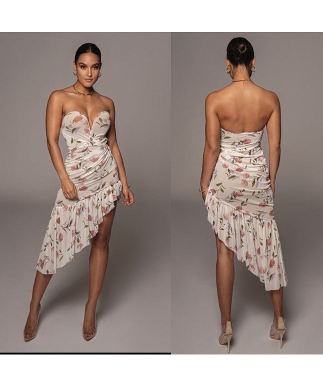 Floral Printed Sexy Strapless Midi Dress