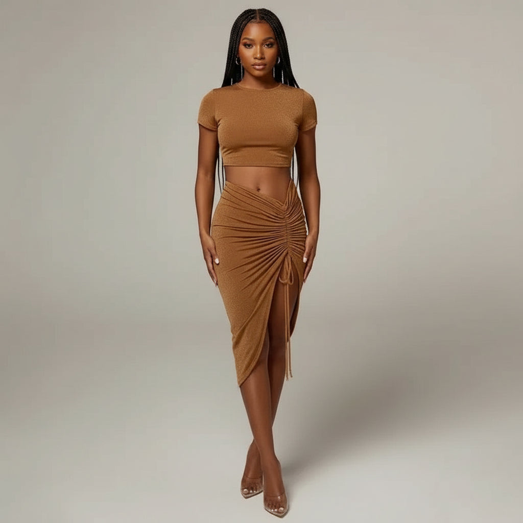 High Waist Ruched Drawstring Skirt