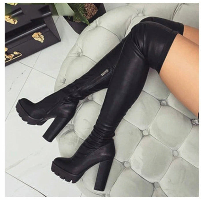 High Knee Chunky Heel Boots