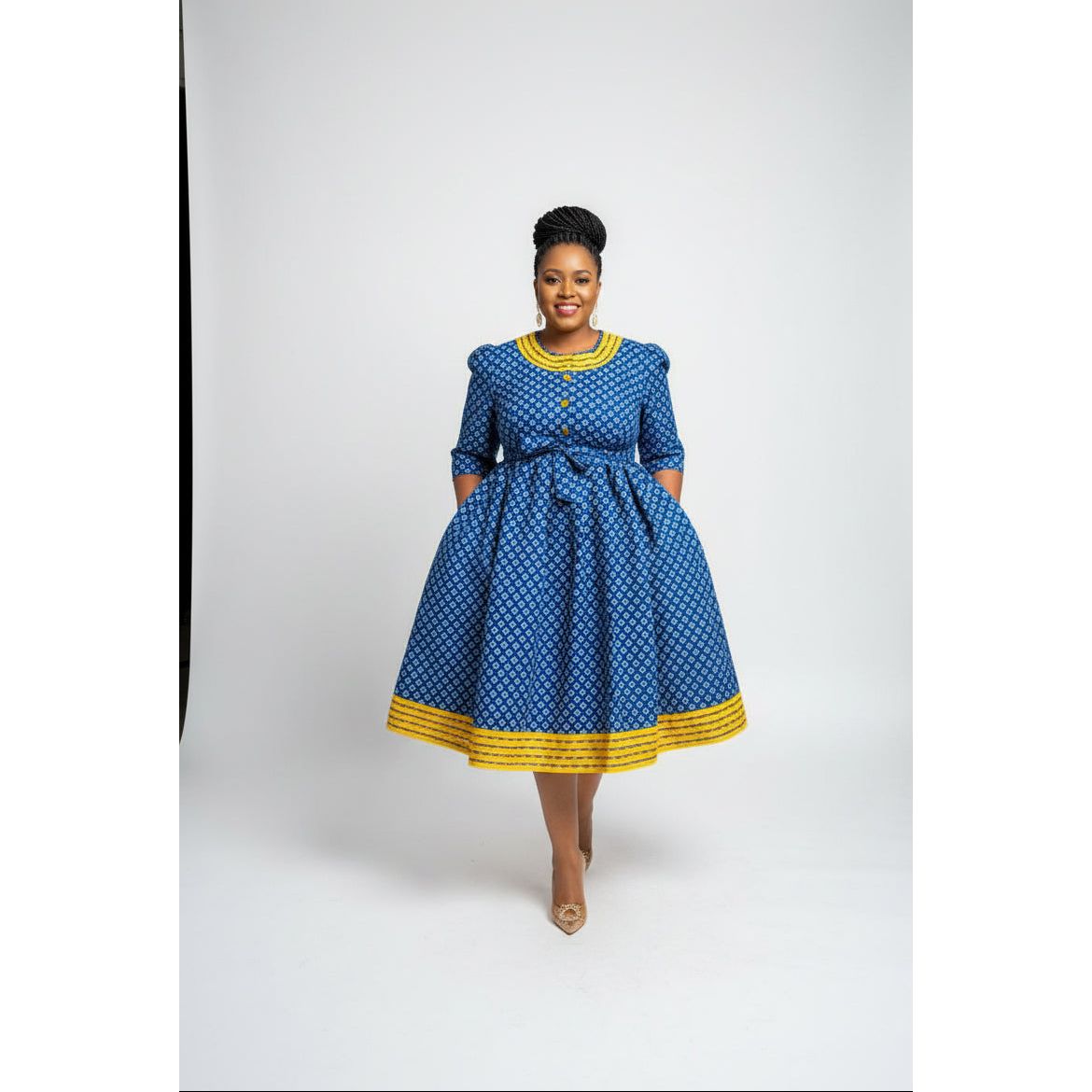 Button Detail Long Sleeve Ankara Dress
