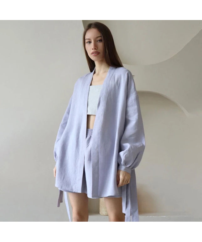 Loose High Waist Shorts Lace-Up Robes Tops Set