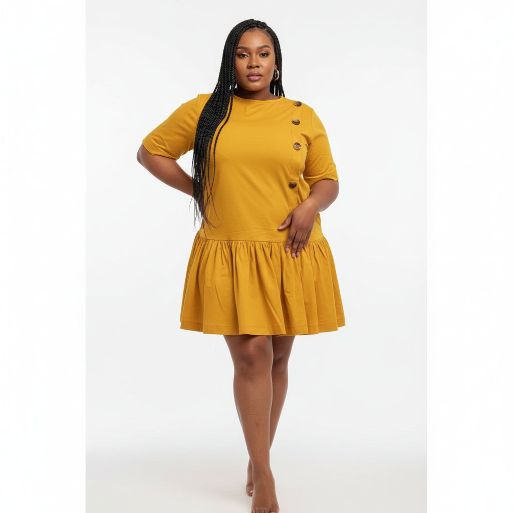 Short Sleeve Button Detailed Midi Dress