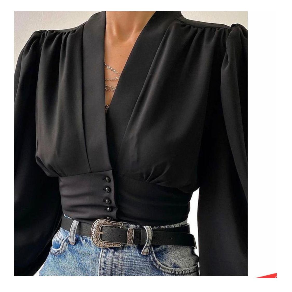 Button Down Lantern Puff Short Sleeve V Neck Top main image 0
