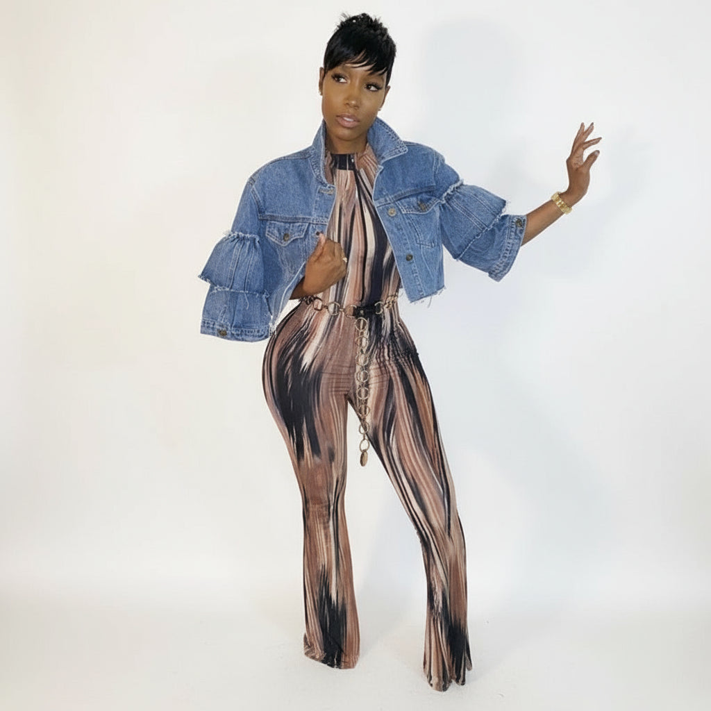 Halter Neck Zipper Graphic Printed Jumpsuits