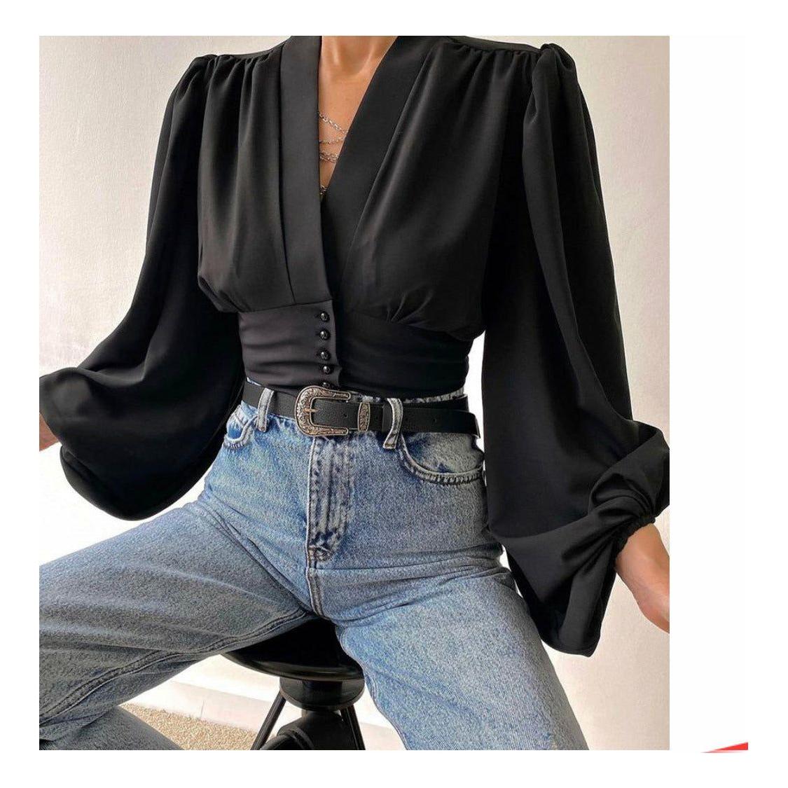 Button Down Lantern Puff Short Sleeve V Neck Top main image 1