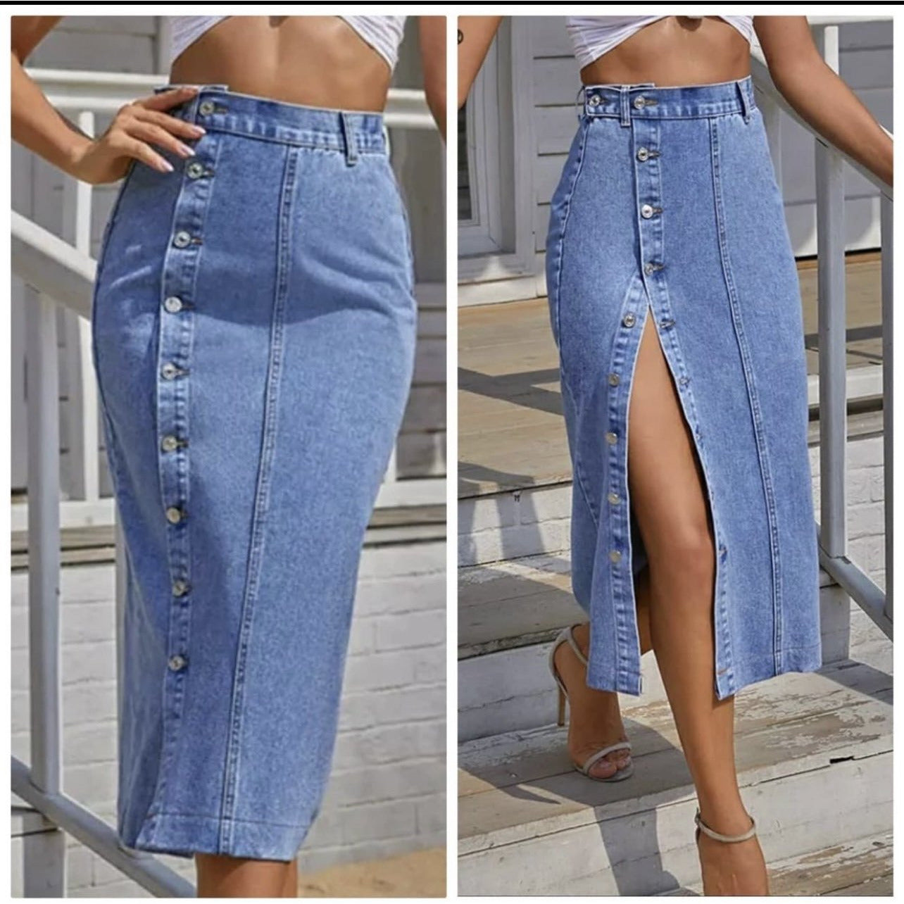Single Button Split Denim Skirt