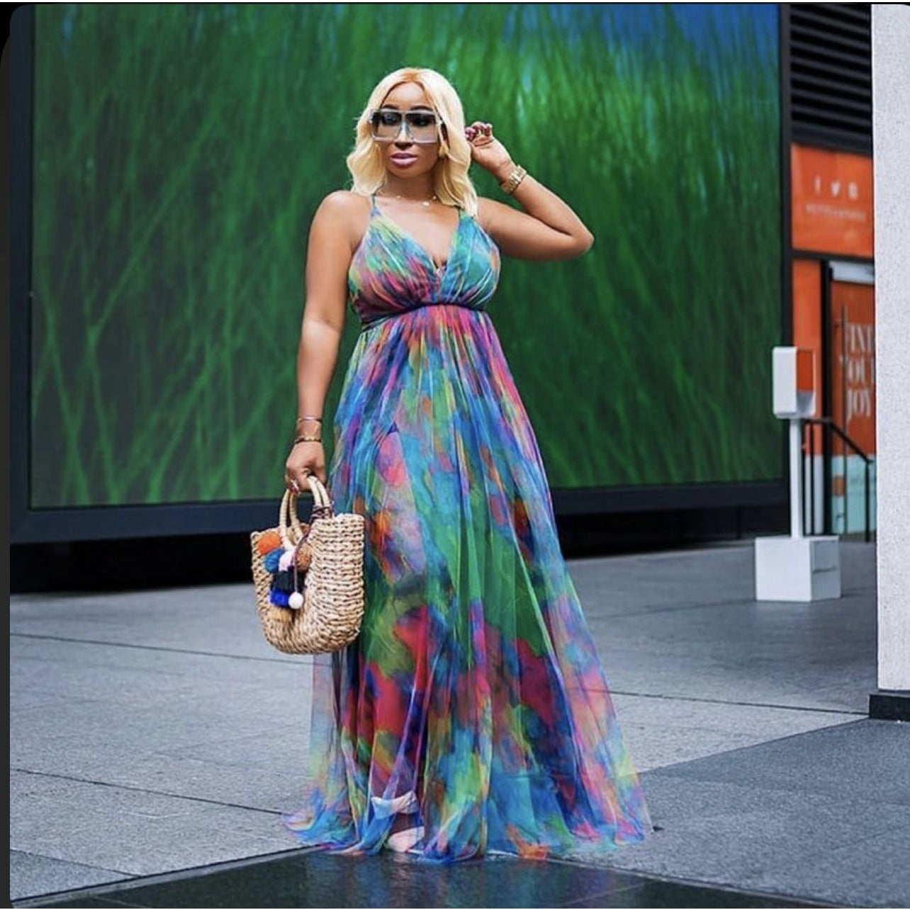 Sexy Print Tie Dye Backless V Neck Dress
