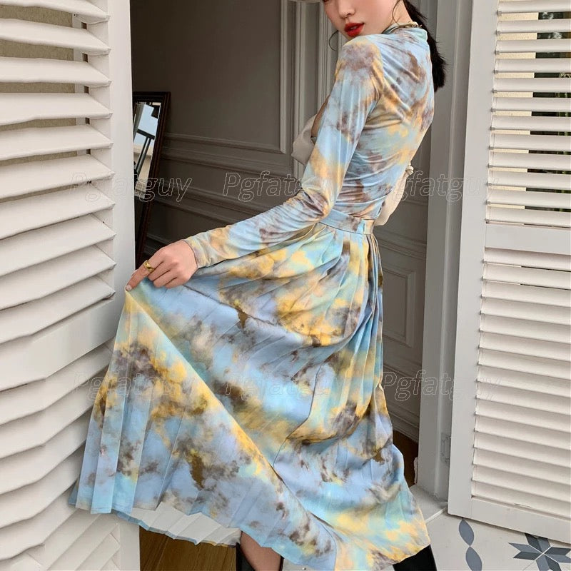 Printed High-Neck Top & Long Skirts Set