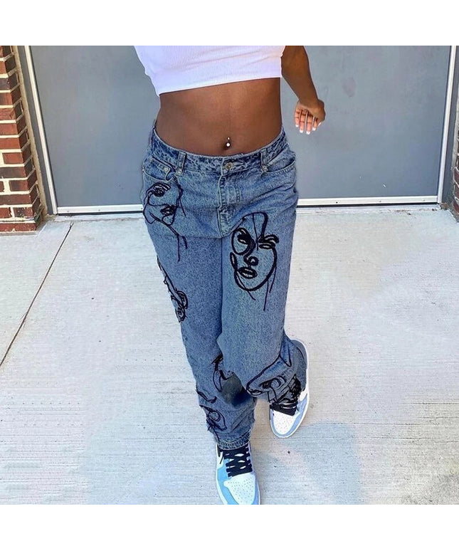 Embroidery High Waist Graphic Denim Mom Jeans